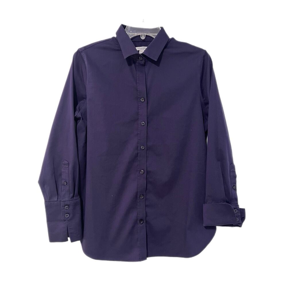 Chico’s 0 No-Iron Purple Shirt Blouse Long Sleeve Size S Classic Stretch Career